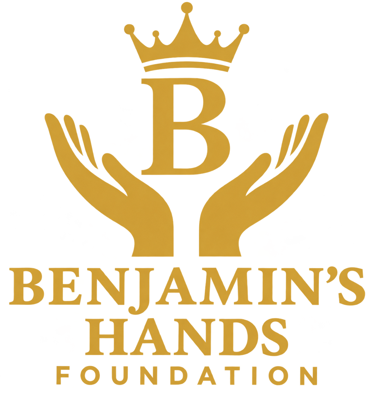 A yellow logo depicting a floating B with a crown, held up by hands. 