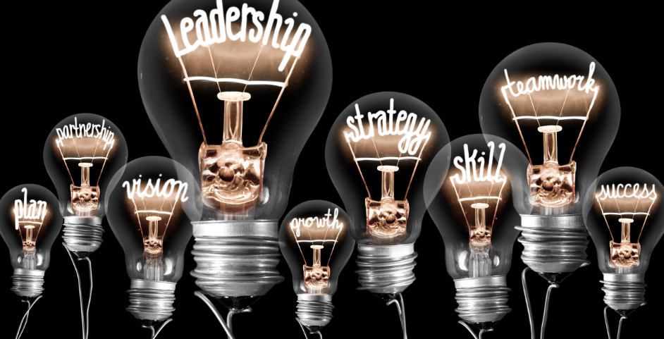 lightbulbs with various workplace words on them such as "leadership" and "strategy"