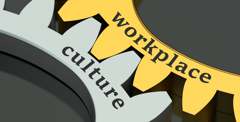 gears that interlock with the words "workplace" and "culture" on them.