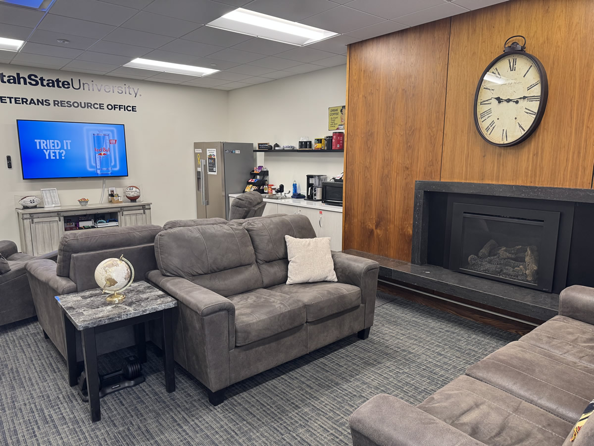 photo the lounge space from the door to the next space showing TV on the far wall, fridge and snack counter on the far right, wood paneled wall surrounding a fireplace with a rock slab bench in front and 2 couches and an end-table.