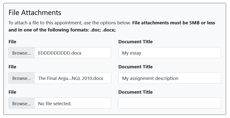 Text box titled "Attach Files" has three boxes for uploading files and a field to name each of them 