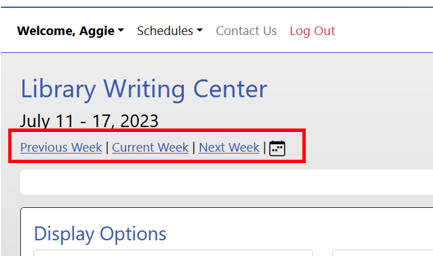 a red box surrounds calendar options such as previous week, current week, next week, and the calendar icon.